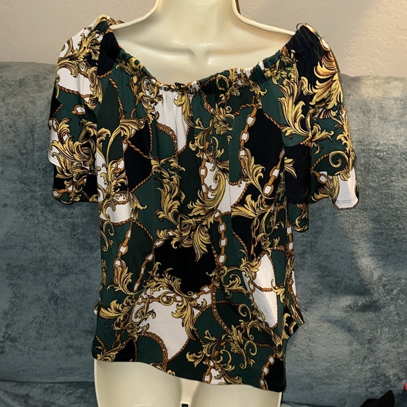 Moa moa medium green gold yellow black and white off the shoulder top - Picture 2 of 4